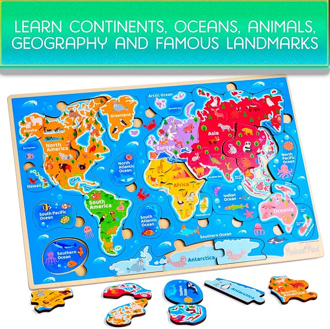 Montessori Mama Wooden Puzzles for Kids Ages 4-6, USA States and Capitols, World Continents and Oceans Kids Puzzles, Combo Set 2 Toddler Puzzles