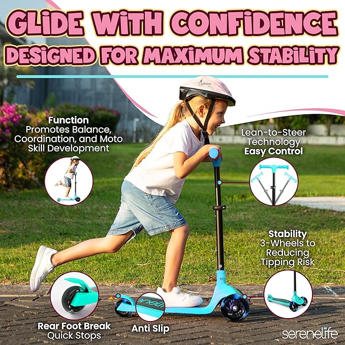 SereneLife 3 Wheel Foldable Kids Scooter - Foldable Seat, LED Wheel Lights, Adjustable Handlebar, Rear Foot Brake, Lean-to-Steer, Anti-Slip Deck, Ideal for Toddlers Kids 3+, up to 110Lbs