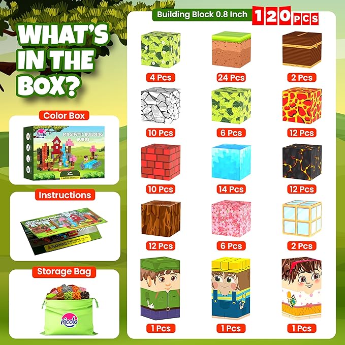 RICCLE Magnetic Blocks for Kids - 120 PCS Build Magnetic Building Blocks Toddler STEM Sensory Outdoor Toys for 3+ Year Old Boys & Girls, Educational & Learning Toys for Ages 4-12