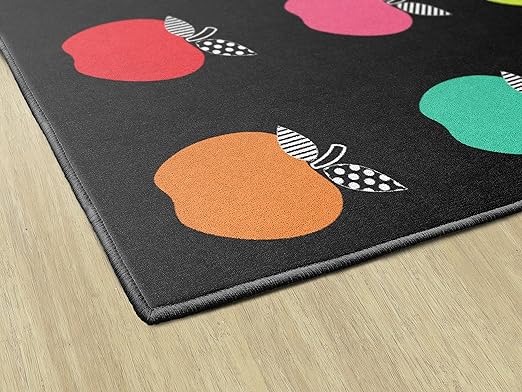Flagship Carpets Schoolgirl Style Stylish Black & White Brights Apple Sit Spot Classroom Area Rug for Indoor Classroom Learning or Kid Bedroom Educational Play Mat, 5'x7'6", Multi