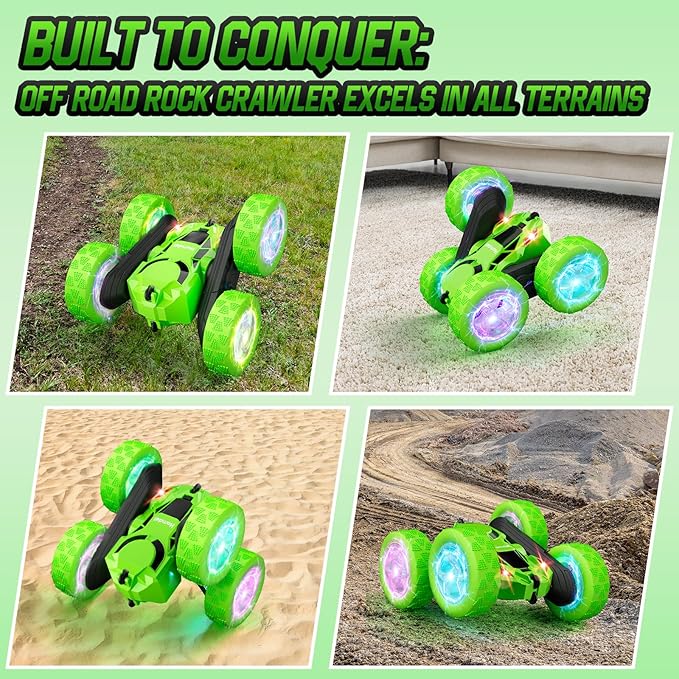 Remote Control Car, 360° Rolling Rotating 2.4GHz 4WD RC Cars for Kids, Boy Toys Age 6 7 8 9 10 Years Old, RC Crawlers for Boys Girls Birthday-Green