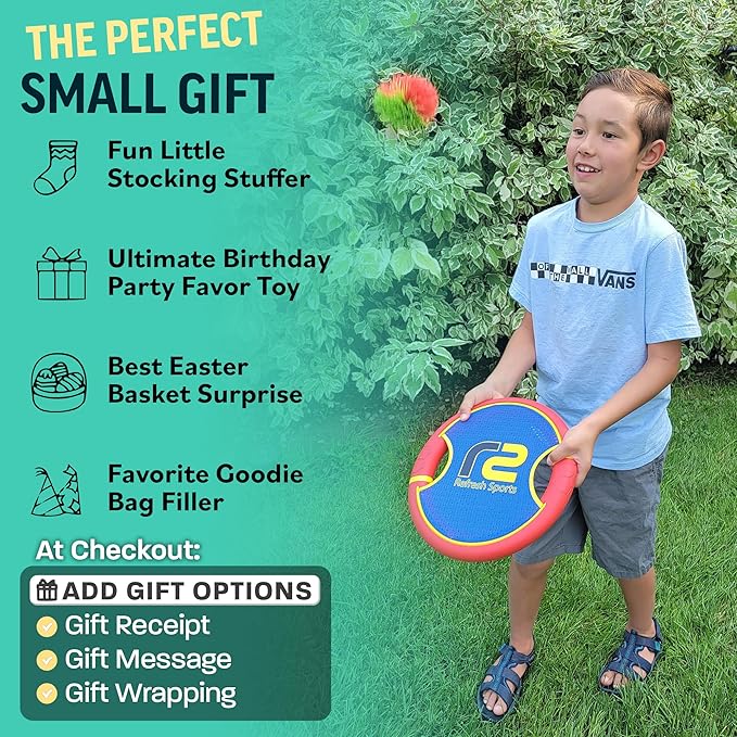 Fun Bouncy Paddle & Stringy Ball Toss & Catch Game - Easy to Use for Kids All Ages - Soft Foam Design for Safe Play Indoors or Outdoors - Also Works as Flying Disc - Great Gift Idea for Boys & Girls