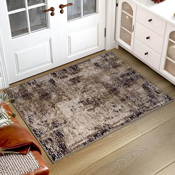 Entryway Rug 3x5 Brown Bedroom Area Rug Washable Non Slip Abstract Coffee Boho Rugs for Indoor Entry, Kitchen, Classroom, Bathroom, Kids Girls Room, Office, College Dorm Small Carpet