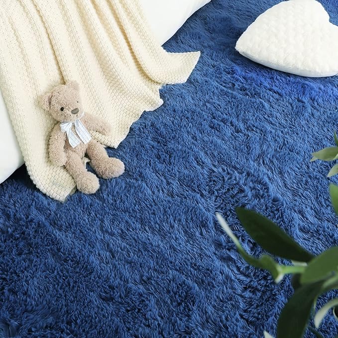 LOCHAS Luxury Round Fluffy Area Rugs for Bedroom Kids Girls Room Nursery, Super Soft Circle Rug, Cute Shaggy Carpet for Children Living Room, 4x4 Feet Light Navy