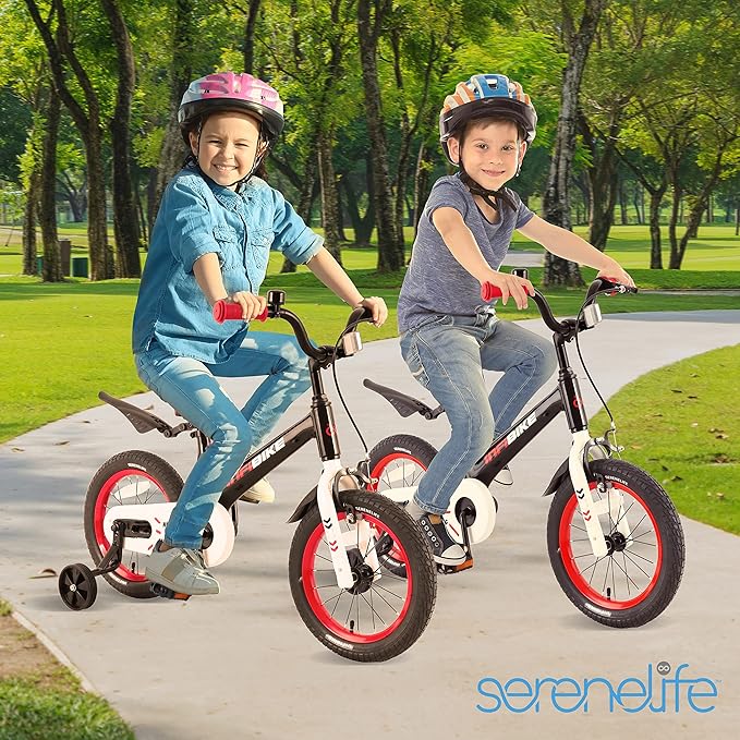 SereneLife Kids Bike with Training Wheels - Toddlers Bicycle w/Adjustable Seat Height, Alloy Steel Frame, Dual Brake System, Full Chain Guard, Reflector, Bell, Kickstand