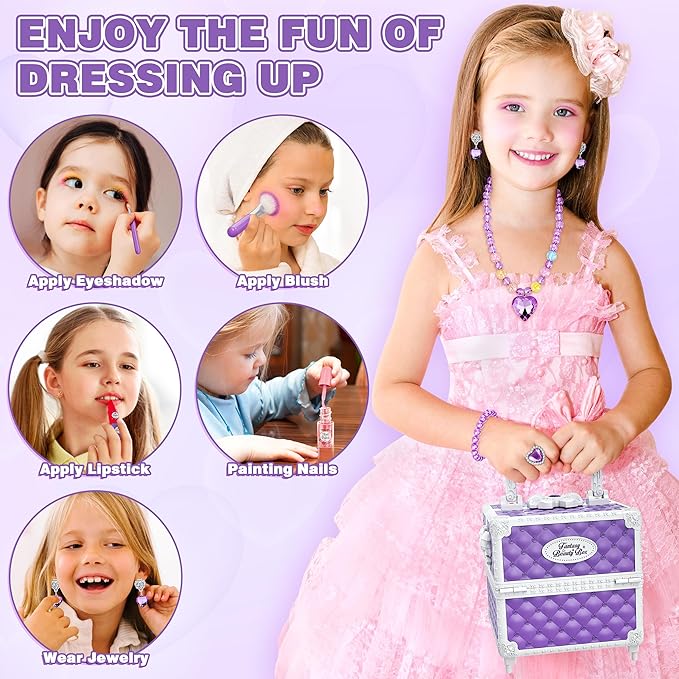 99 Pcs Kids Makeup Kit for Girls, Princess Toys Real Washable Cosmetics Set with Mirror, Hair Ties, Nails, Rings, Earrings, Necklace, Perfect for 3 4 5 6 7 8 Year Old Girls Birthday