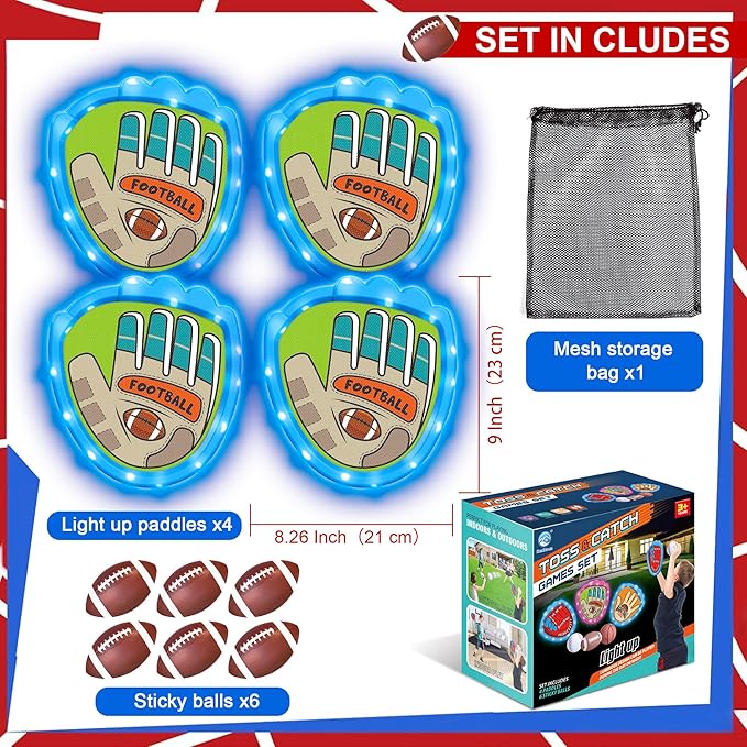 Toss and Catch Ball Game Set,Light-Up Kids Baseball Glove Sticky Mitt, Velcro Ball and Catch Games for Kids Ages 3-12, Football & Baseball Camping/Yard/Outdoor Sports Toy,Outdoor Game for Kids