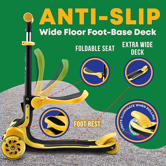 Kids Scooter – Foldable Seat – LED Wheel Lights Illuminate When Rolling – Children and Toddler 3 Wheel Kick Scooter – Adjustable Handlebar – Indoor and Outdoor- by Lifemaster