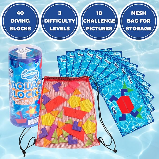 Aqua Blocks Pool Diving Game- Set Includes 40 Multi-Shape Sinking Toys,18 Challenge Cards w 3 Difficulty Levels, Mesh Storage Bag- Kids Swimming Activity Game- Outdoor 4th of July Summer BBQ Party Fun