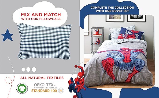 Saturday Park Marvel Spiderman Web Stripe Queen Sheet Set - 4 Piece 100% Organic Cotton Sheets - GOTS & Oeko-TEX Certified (Marvel Official)
