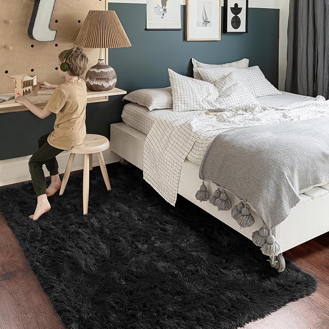 Amdrebio Black Washable Rugs for Bedroom Living Room Decor Aesthetic, Fluffy Shag Area Rugs for Kids, Men, Boys Room, Modern Cool Carpet for Classroom, Apartment, Nursery, Dorm, Office, 4x6 Rug