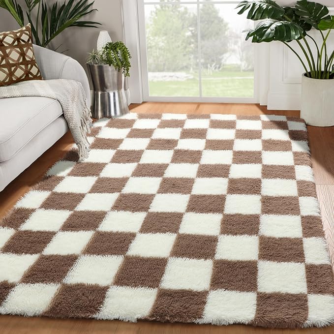 KICMOR 4x6 Brown and Cream White Area Rugs for Bedroom, Fluffy Shag Shaggy Fuzzy Checkered Living Room Rug, Soft and Comfy Bedside Carpet, Furry Plush Rug for Kids Room Nursery Home Decor Aesthetic