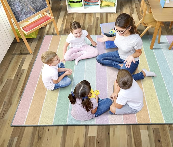 Flagship Carpets Schoolgirl Style Pastel Rainbow Stripe Educational Area Rug for Kids Room Seating Décor, Children's Classroom, Play Carpet for Teaching and Playroom, 5' x 7'6", Multi