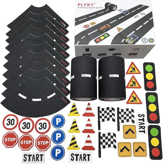 Deluxe Road Tape Play Set - 2x33ft Extended Track with Curves, 30 Traffic Sign Stickers & Durable Drawer Box - Versatile Car Track Tape for Kids, Creative Toy Car Track & Car Track Rug Alternative