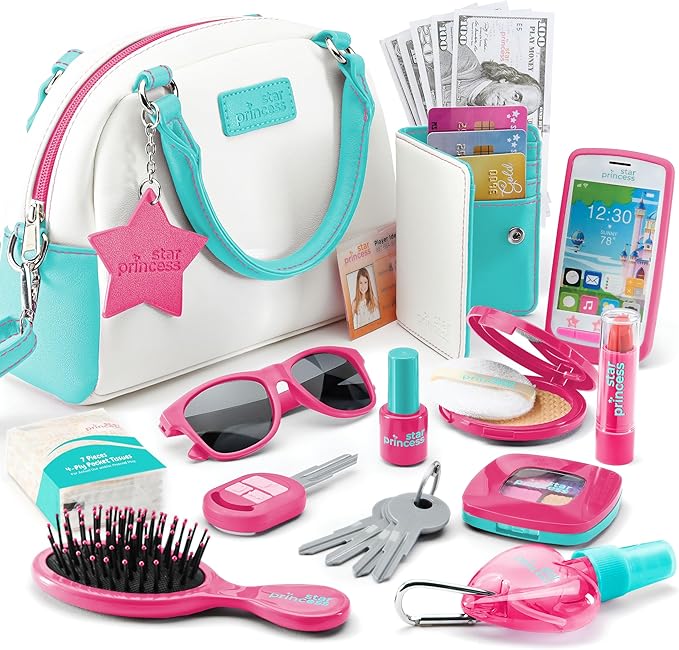 Play Purse for Girls and Toddlers - Little Girls Toys Pretend Play Accessories: Toy Phone, Wallet, Credit Cards, Keys, Pretend Makeup for Role Playing Toys for Girls Ages 3 4 5 6 7 8 Years and Up