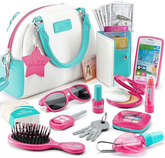 Play Purse for Girls and Toddlers - Little Girls Toys Pretend Play Accessories: Toy Phone, Wallet, Credit Cards, Keys, Pretend Makeup for Role Playing Toys for Girls Ages 3 4 5 6 7 8 Years and Up