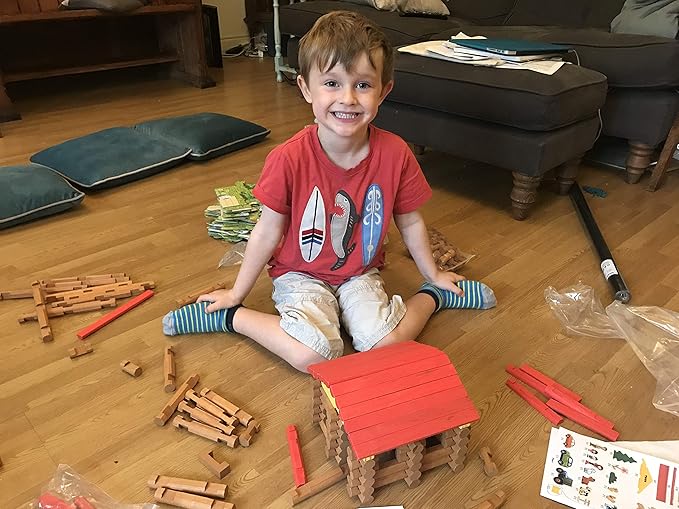 Wooden Logs Toys Farm Playset- Logs Building Set Farm House Wooden Construction Toys 207 Pieces for 3 4 5 6 Year olds