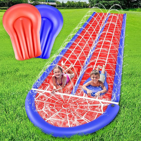 30Ft Slip Water Slide with 2 Bodyboards, Extra Long Heavy Duty Double Lane for Adults and Kids, Summer Outdoor Water Toys Outside Play Backyard Games with Sprinkler