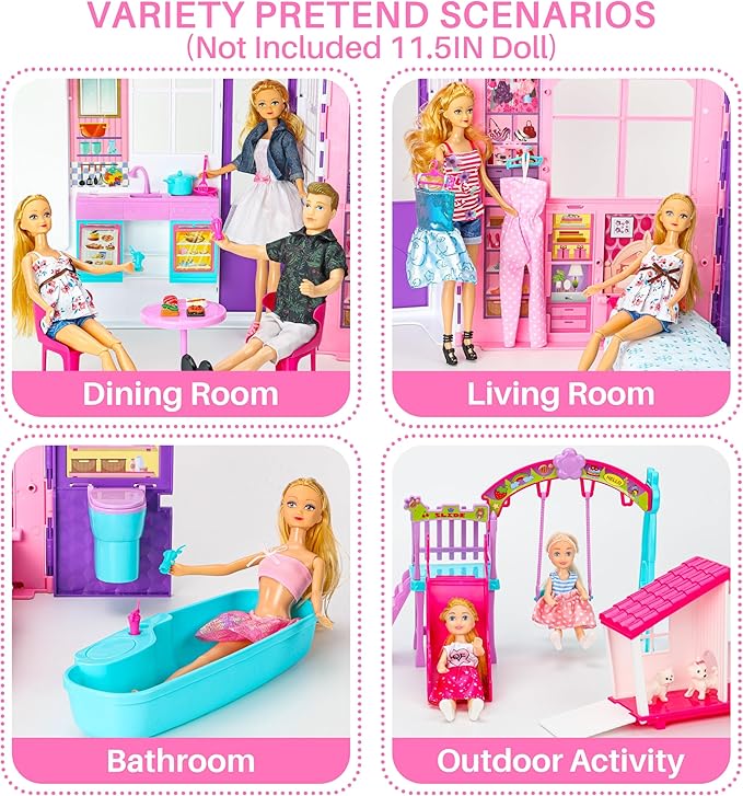 Doll House Portable & Foldable Dollhouse w/ 60+ Pcs & 2 Dolls, Play House Toy with Bedroom Bathroom Kitchen Furniture Playset, Playhouse Birthday Gift for Girl Kid Toddler