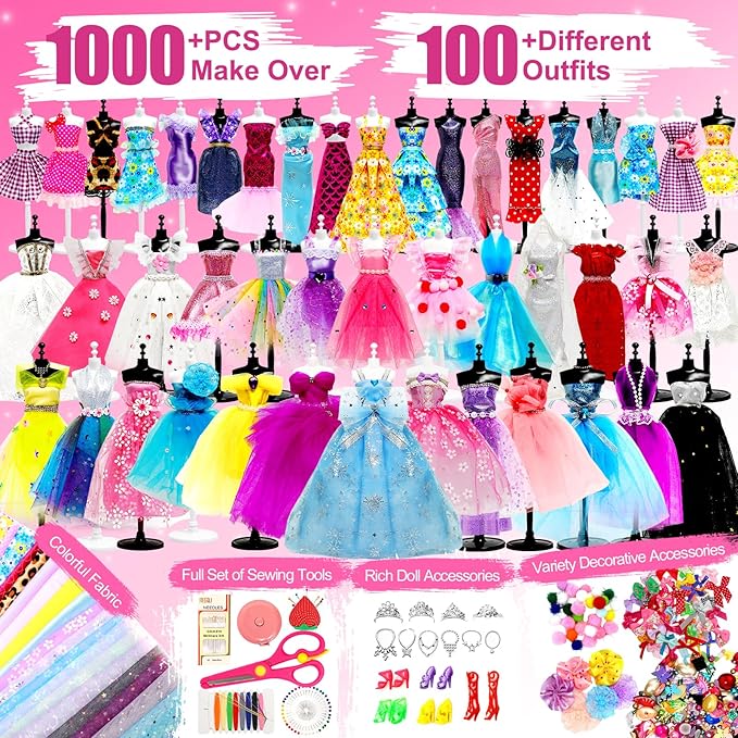 Axirata 1000+PCS Fashion Designer Kit for Girls Creativity DIY Arts & Crafts Kit for Kids with Fashion Design Sketchbook, 4 Mannequins, Sewing Kit for Teen Girls Birthday Gift Age 6 7 8 9 10 11 12+