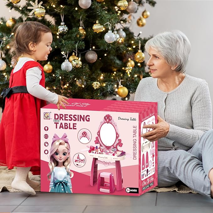 Toddler Vanity Makeup Table Toy with Mirror&Chair,Kids Vanity Set with Light&Music、Pretend Play Makeup Accessories with Hair Dryer Toy,Gift for Girls and Toddlers2 3 4 5 6Years Old