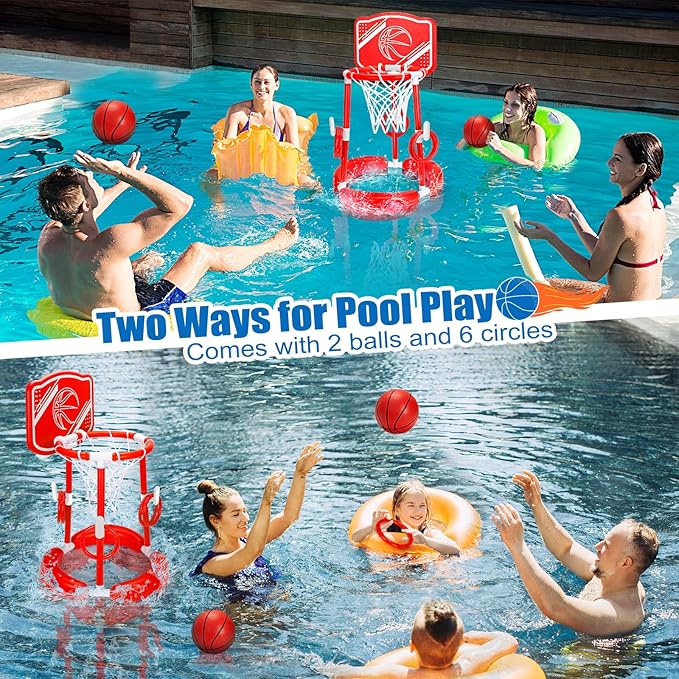 Pool Basketball Hoop, 2-in-1 Poolside Floating Pool Basketball Game, Swimming Pool Games for Kids Adults Indoor Outdoor Play, Water Play Toy Family Party, includes Hoop, Balls, Pump, Backboard, Red
