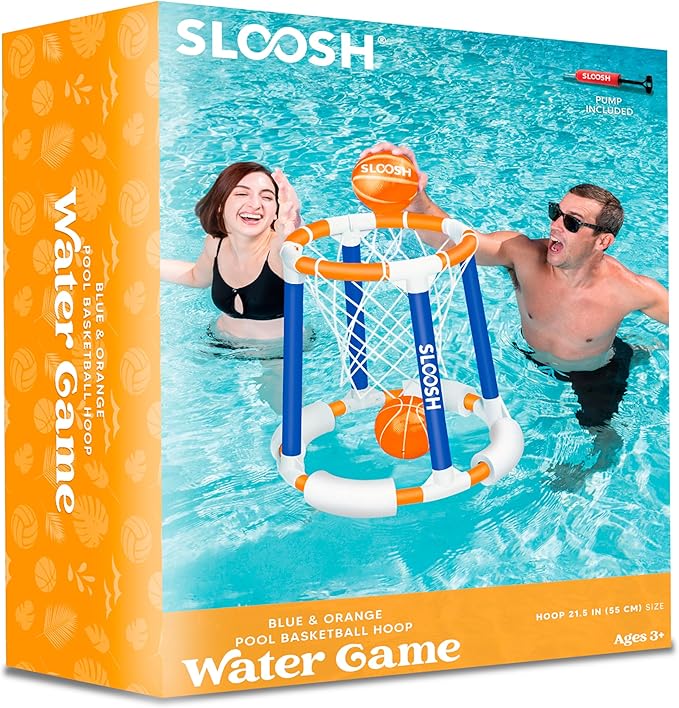 Sloosh Pool Basketball Hoop Toys, Floating Basketball Pool Game, Swimming Floats Toys with Balls Pump, Summer Outdoor Water Play Toy for Kids and Adults (Blue Orange)