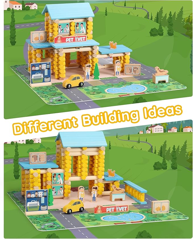 SainSmart Jr. Wooden Logs Set - 229 PCS Classic Building Toy for Kids, Pet Vet Log Kits Compatible with Lincoln Logs, Ages 3+