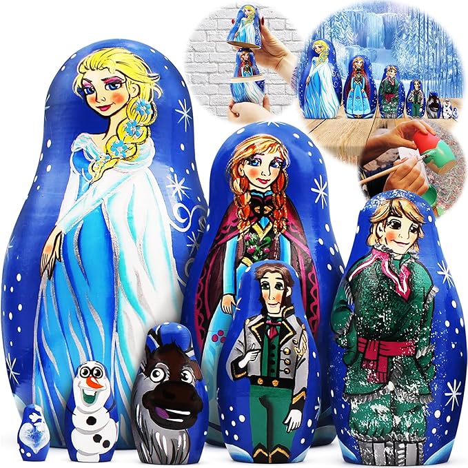 Matryoshka Russian Nesting Doll Babushka Beautiful Cartoon Characters Frozen Elsa Set 7 Pieces Pcs Wooden Hand Painted Souvenir Craft Gift