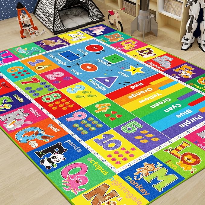 ABC Carpet, Kids Rugs for Playroom, Educational Play Mat for Kids, Preschool Rugs with ABC, Numbers, Animals Learning Rugs for Bedroom Playroom Classroom Baby Toddler Children (Blue, 59X39.4 INCH)
