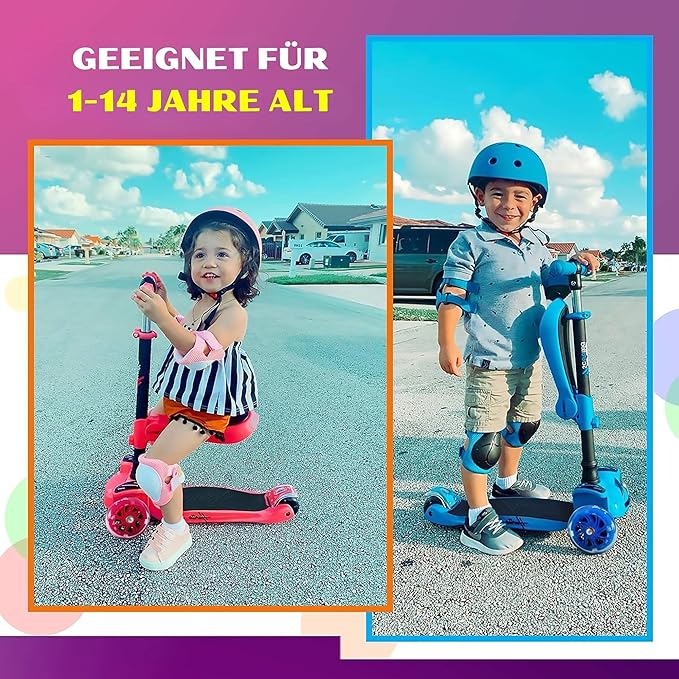 Hurtle 3-Wheeled Scooter for Kids - Wheel LED Lights, Adjustable Lean-to-Steer Handlebar, and Foldable Seat - Sit or Stand Ride with Brake for Boys and Girls Ages 1-14 Years Old