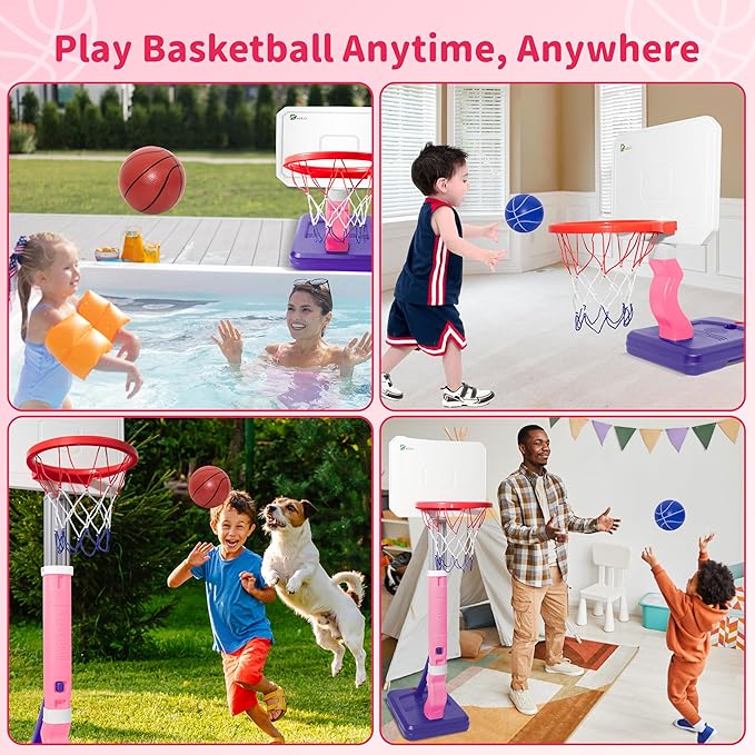 Toddler Basketball Hoop with Adjustable Height (27.6" to 54.4") – Kids Basketball Hoop Including 4 Basketballs, 2 Sensory Balls, Stickers & Inflator – Indoor/Outdoor Play for Ages 3-12