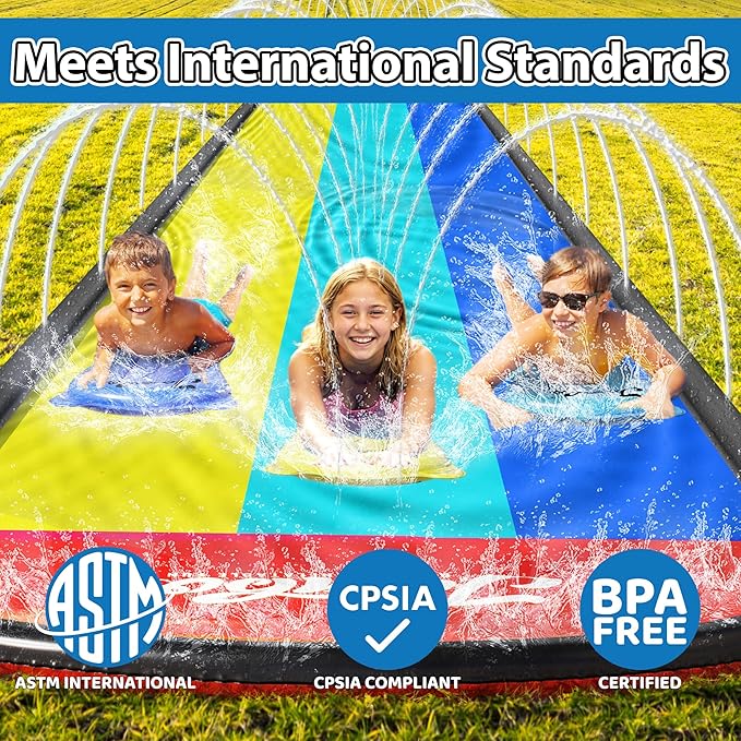 JAMBO 20Ft XL Premium 3 Lane Slip Splash and Slide with 3 Bodyboards, Heavy Duty Water Slide- Advanced 3-Way Water Sprinkler System, Backyard Waterslide Outdoor Water Toys n Slides for Kids Splash Pad