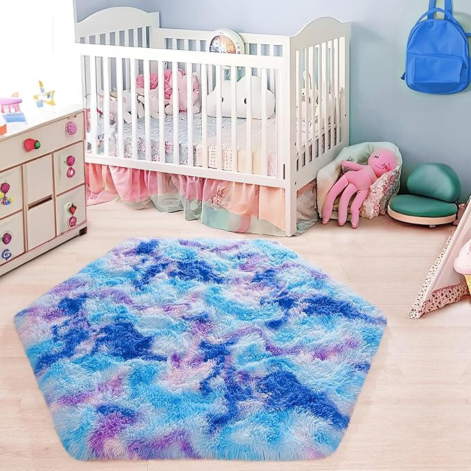junovo Ultra Soft Hexagon Rug Fluffy Rainbow Nursery Rug for Princess Tent Kids Play Castle, Furry Hexagonal Carpet for Kids Girls Room Playhouse Classroom Dorm Home Decor, 4.6ft Tie-Dye Blue-Purple