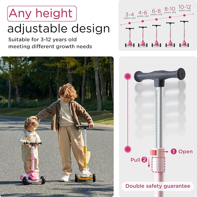 Kids Scooter, 3 LED Lighted Wheels, Any Height Adjustable Handlebar & Lean-to-Steer, Anti-Slip Deck, Easy-Fold Mechanism, Three-Wheel Scooter for Kids Ages 3-14