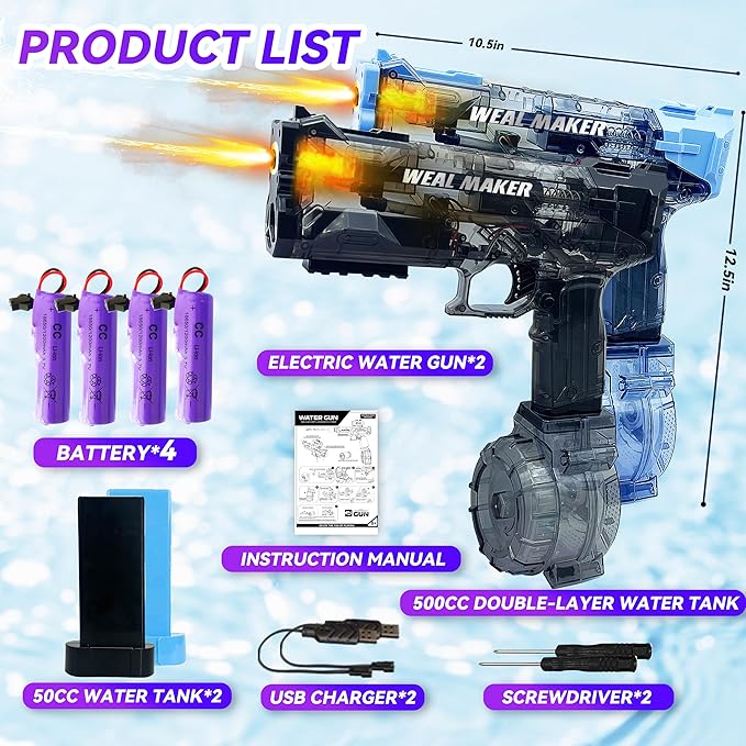 2025 Electric Water Guns 2-Pack with LED Light-Up Muzzle – Automatic Squirt Guns, 500CC Tanks, 28FT Range, Dual Rechargeable Batteries, Waterproof, Perfect for Nighttime Pool Parties & Outdoor Fun
