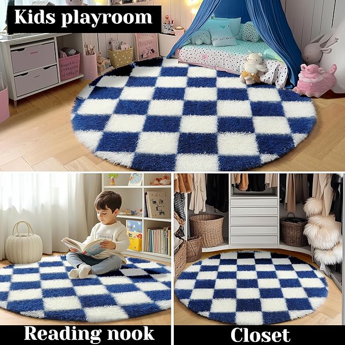 KICMOR Round Rug 4ft for Bedroom, Soft Fluffy Circle Area Rug Cute Small Living Room Carpet, Blue and Cream White Fuzzy Shag Shaggy Checkered Circular Rug for Kids Room Nursery Home Decor Aesthetic