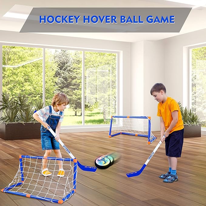STREET WALK Kids Toys - Hover Hockey Set with Rechargeable Hover Soccer 2 Goals - Air Power Training Ball Playing Hockey Game - Hockey Toys 3 4 5 6 7 8 9 10 11 12 Year Old Boys Girls Best Gift