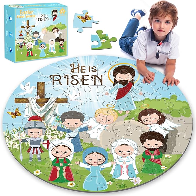 Christian Easter Gifts Basket Stuffers for Kids, 70Pcs Large Easter Floor Puzzles for Kids Age 4-8, He is Risen Jigsaw Puzzles Basket Essentials for Boy Girls