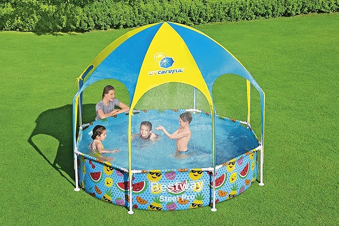 H2OGO! Kids Splash-in-Shade 8-Foot Round Steel Frame Above Ground Pool with Water Mister and Canopy Sunshade, Green Tropical Leaf Print