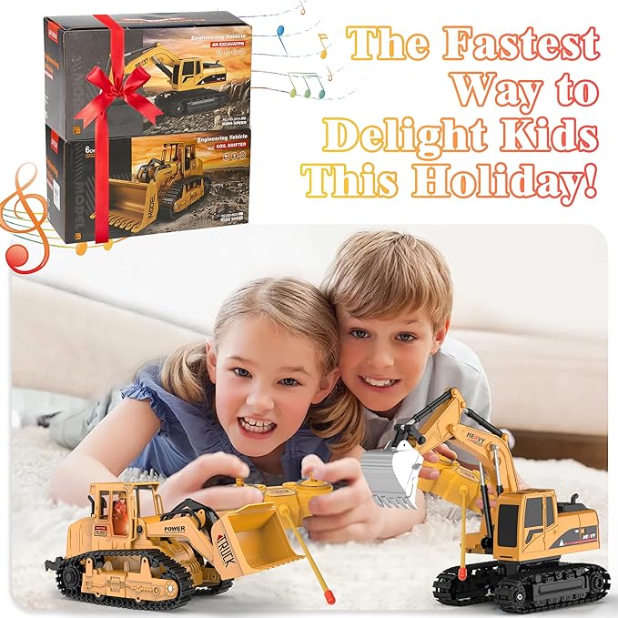 AISYAH Remote Control Excavator and Construction Bulldozer Toy Set - RC Construction Vehicles Toy with Barricades, Road Signs, Simulated Rocks, Lights and Sounds, Present for Toddlers 6-12 Year Kids