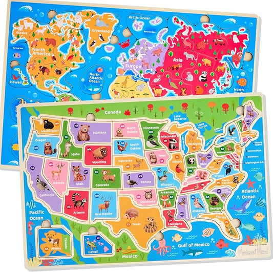 Montessori Mama Wooden Puzzles for Kids Ages 4-6, USA States and Capitols, World Continents and Oceans Kids Puzzles, Combo Set 2 Toddler Puzzles