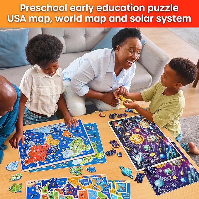 SYNARRY Large USA World Solar System Wooden Puzzles for Kids Ages 4-6, Wood Jigsaw Puzzles Educational Games Toys Gifts for Toddlers, Learning United States World Space Maps for Boys Girls Ages 3-8