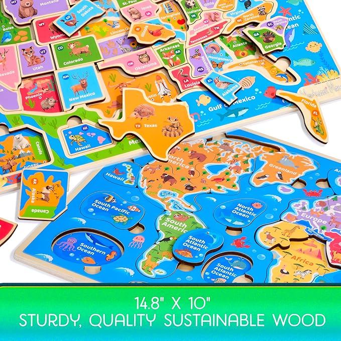 Montessori Mama Wooden Puzzles for Kids Ages 4-6, USA States and Capitols, World Continents and Oceans Kids Puzzles, Combo Set 2 Toddler Puzzles