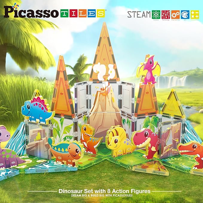 PicassoTiles Magnet Tiles Building Blocks Dinosaur Theme Set with 8 Magnetized Action Figures Magnetic Construction Build and Play Toys with Magnets STEM Learning Activities for Toddlers 3+ PTQ13