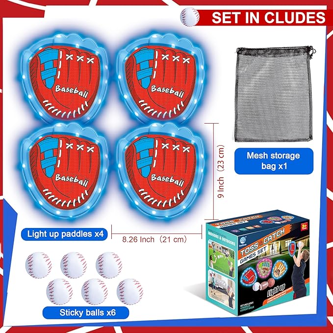 Toss and Catch Ball Game Set,Light-Up Kids Baseball Glove Sticky Mitt, Velcro Ball and Catch Games for Kids Ages 3-12, Football & Baseball Camping/Yard/Outdoor Sports Toy,Outdoor Game for Kids