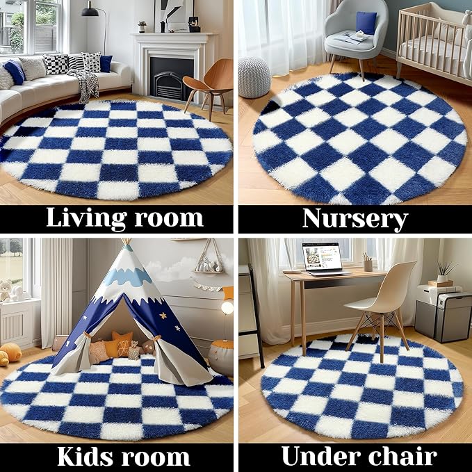 KICMOR Round Rug 4ft for Bedroom, Soft Fluffy Circle Area Rug Cute Small Living Room Carpet, Blue and Cream White Fuzzy Shag Shaggy Checkered Circular Rug for Kids Room Nursery Home Decor Aesthetic
