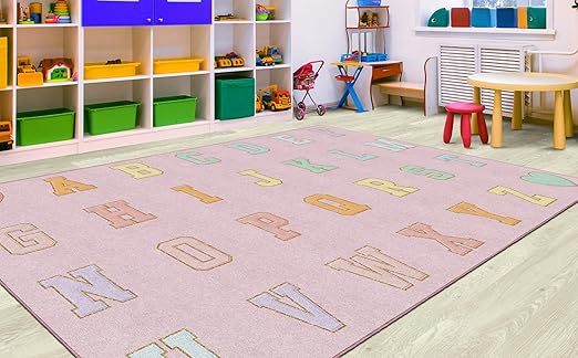 Flagship Carpets Schoolgirl Style Pink Pastel Alphabet Criss-Cross Applesauce Educational Area Rug for Kids Room Seating Décor, Children's Classroom, Play Carpet for Teaching and Playroom, 7'6" x 12'