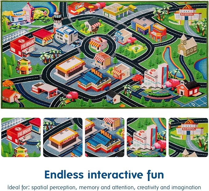 Booooom Jackson Kids Car Rug Play Mat for Toy Cars,39X79 inch Kids Rug Car Mat,Car Play Rug for Kids Playroom,Car Road Rug for Bedroom,Kid Car Carpet for Toddler Boy,Car Area Rug Non-Slip