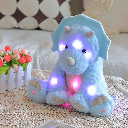 Cuteoy Blue Triceratops LED Musical Stuffed Animal Light-up Singing Plush Dinosaur Adjustable Volume Lullaby Plushies Birthday Christmas Toy Gifts for Kids Toddler Girls, 13"